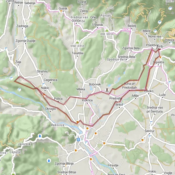 Map miniature of "Preddvor Quick Gravel Ride" cycling inspiration in Zahodna Slovenija, Slovenia. Generated by Tarmacs.app cycling route planner