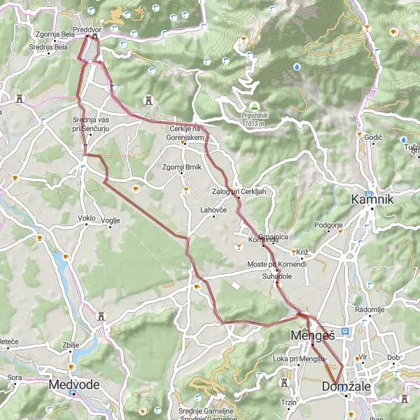 Map miniature of "The Suhadole Tour" cycling inspiration in Zahodna Slovenija, Slovenia. Generated by Tarmacs.app cycling route planner