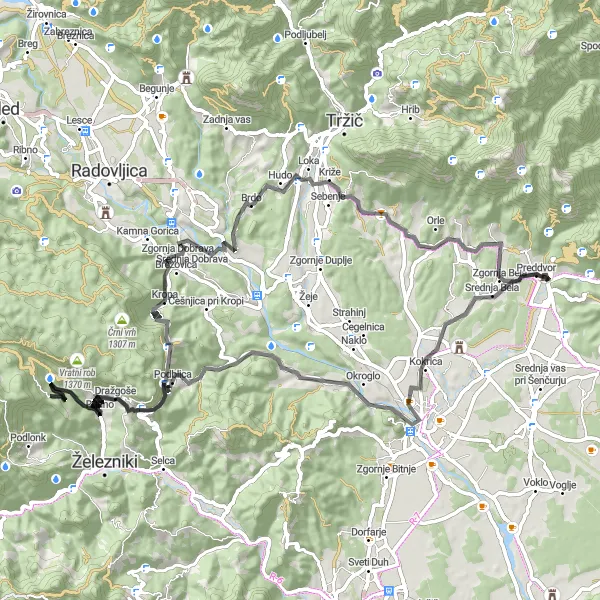 Zemljevid v pomanjšavi "Potepanje okoli Preddvora" kolesarske inspiracije v Zahodna Slovenija, Slovenia. Generirano z načrtovalcem kolesarskih poti Tarmacs.app