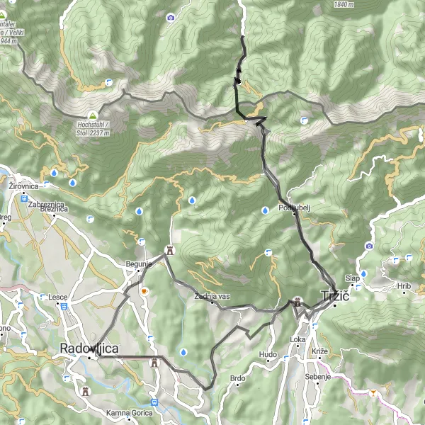 Map miniature of "Radovljica Cultural Road Trip" cycling inspiration in Zahodna Slovenija, Slovenia. Generated by Tarmacs.app cycling route planner