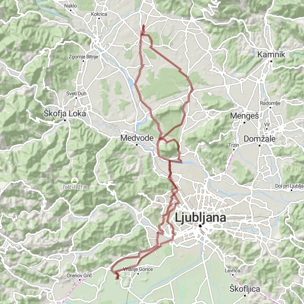 Map miniature of "Repenjski Hrib and Tičnica Gravel Route" cycling inspiration in Zahodna Slovenija, Slovenia. Generated by Tarmacs.app cycling route planner