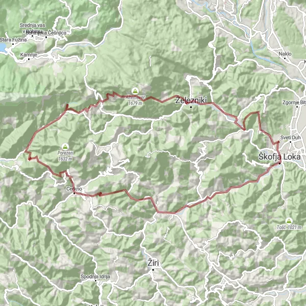 Map miniature of "Gravel Adventure Through Škofja Loka" cycling inspiration in Zahodna Slovenija, Slovenia. Generated by Tarmacs.app cycling route planner