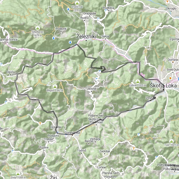 Map miniature of "Škofja Loka and Surroundings" cycling inspiration in Zahodna Slovenija, Slovenia. Generated by Tarmacs.app cycling route planner