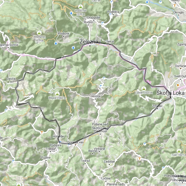 Miniaturní mapa "Cyklotrasa přes Dešnu a Skofju Loku" inspirace pro cyklisty v oblasti Zahodna Slovenija, Slovenia. Vytvořeno pomocí plánovače tras Tarmacs.app