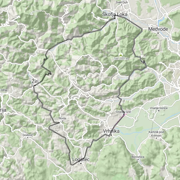 Map miniature of "Hruševo Adventure" cycling inspiration in Zahodna Slovenija, Slovenia. Generated by Tarmacs.app cycling route planner