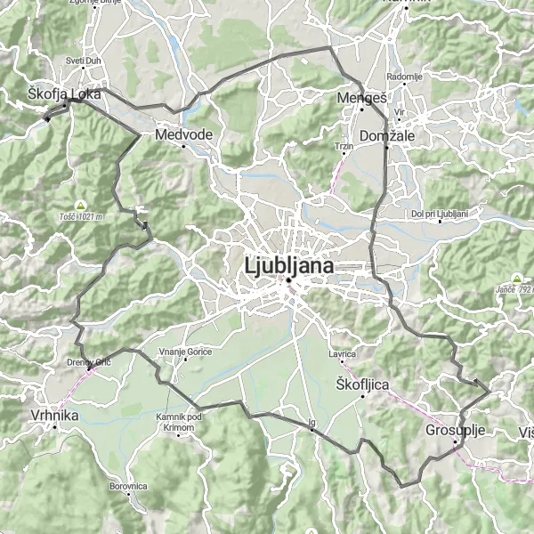Map miniature of "Škofja Loka - Scenic Roundtrip through Western Slovenia" cycling inspiration in Zahodna Slovenija, Slovenia. Generated by Tarmacs.app cycling route planner