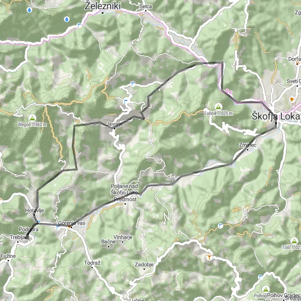 Miniaturní mapa "Rozmanitá cesta kolem Škofja Loka" inspirace pro cyklisty v oblasti Zahodna Slovenija, Slovenia. Vytvořeno pomocí plánovače tras Tarmacs.app