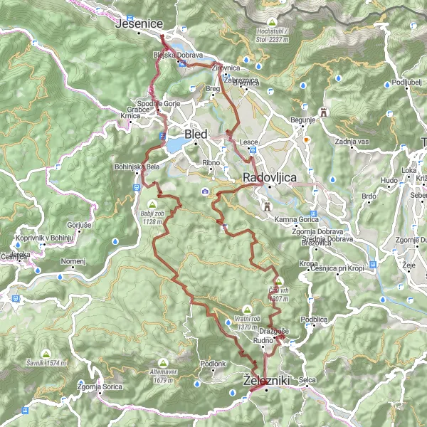 Zemljevid v pomanjšavi "Pustolovščina po gorskem terenu in gozdovih" kolesarske inspiracije v Zahodna Slovenija, Slovenia. Generirano z načrtovalcem kolesarskih poti Tarmacs.app