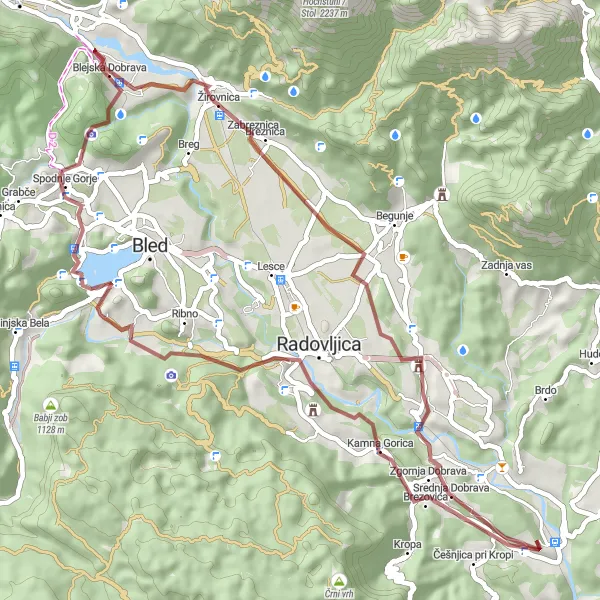 Zemljevid v pomanjšavi "Kolesarska pot Skale - Blejska Dobrava" kolesarske inspiracije v Zahodna Slovenija, Slovenia. Generirano z načrtovalcem kolesarskih poti Tarmacs.app