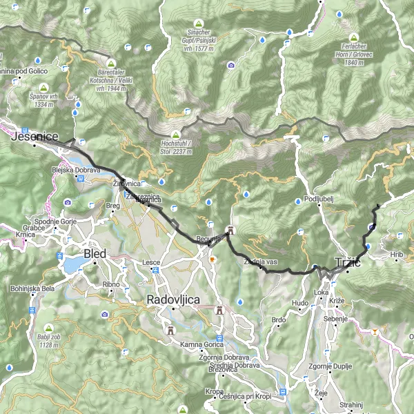 Map miniature of "Breznica Loop" cycling inspiration in Zahodna Slovenija, Slovenia. Generated by Tarmacs.app cycling route planner