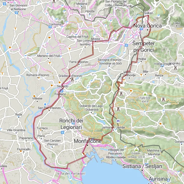 Map miniature of "Gravel Adventure to Mossa" cycling inspiration in Zahodna Slovenija, Slovenia. Generated by Tarmacs.app cycling route planner