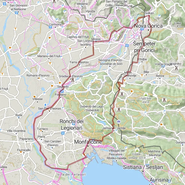 Zemljevid v pomanjšavi "Gravla okoliška pot Nova Gorica - Sablici - Monte Calvario" kolesarske inspiracije v Zahodna Slovenija, Slovenia. Generirano z načrtovalcem kolesarskih poti Tarmacs.app