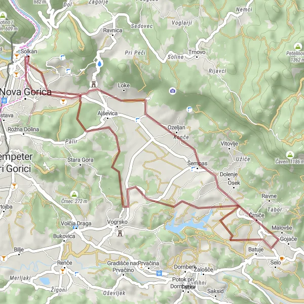 Zemljevid v pomanjšavi "Pustolovščina po makadamskih poteh v Zahodni Sloveniji" kolesarske inspiracije v Zahodna Slovenija, Slovenia. Generirano z načrtovalcem kolesarskih poti Tarmacs.app