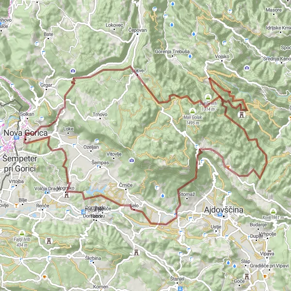 Map miniature of "Hilly Adventure" cycling inspiration in Zahodna Slovenija, Slovenia. Generated by Tarmacs.app cycling route planner