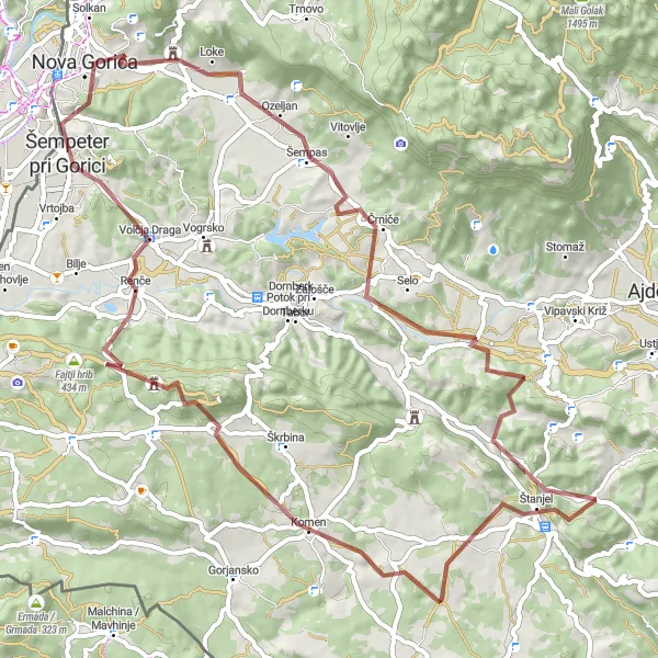 Karten-Miniaturansicht der Radinspiration "Graveltour um Črniče und Štanjel" in Zahodna Slovenija, Slovenia. Erstellt vom Tarmacs.app-Routenplaner für Radtouren