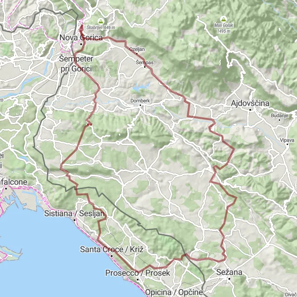 Miniatura della mappa di ispirazione al ciclismo "Giri in bicicletta tra i vigneti di Vipava Valley" nella regione di Zahodna Slovenija, Slovenia. Generata da Tarmacs.app, pianificatore di rotte ciclistiche