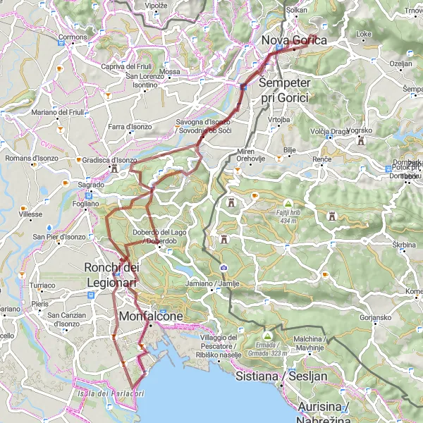 Map miniature of "Nova Gorica to Monfalcone loop" cycling inspiration in Zahodna Slovenija, Slovenia. Generated by Tarmacs.app cycling route planner