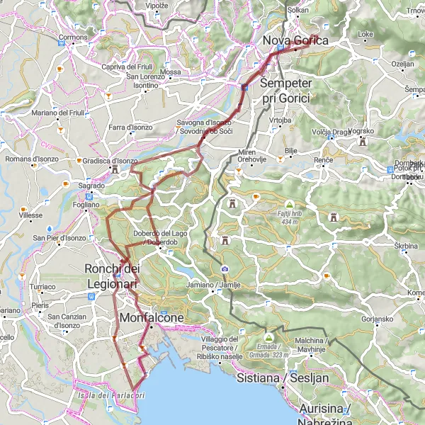 Zemljevid v pomanjšavi "Cross-Border Gravel Tour" kolesarske inspiracije v Zahodna Slovenija, Slovenia. Generirano z načrtovalcem kolesarskih poti Tarmacs.app