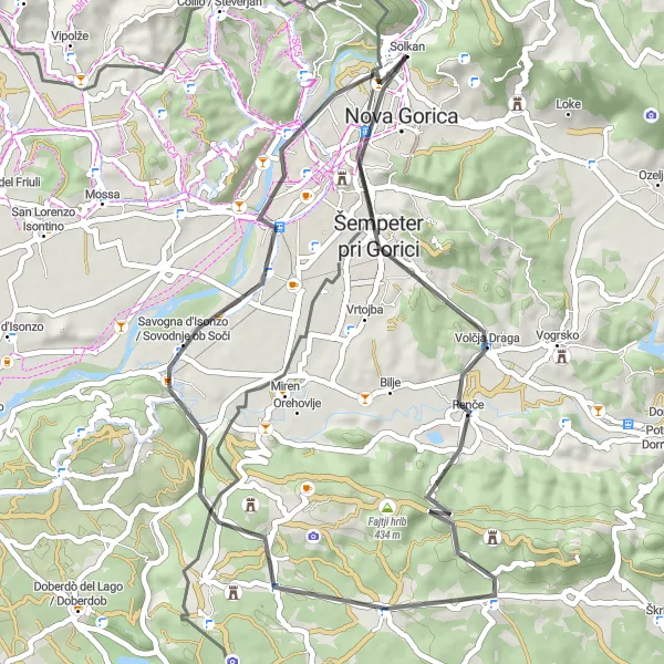 Zemljevid v pomanjšavi "Slikovita pot do Kostanjevice na Krasu" kolesarske inspiracije v Zahodna Slovenija, Slovenia. Generirano z načrtovalcem kolesarskih poti Tarmacs.app