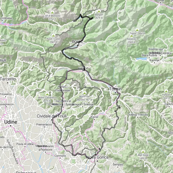 Miniatura della mappa di ispirazione al ciclismo "Avventura su strada da Nova Gorica a Bovec" nella regione di Zahodna Slovenija, Slovenia. Generata da Tarmacs.app, pianificatore di rotte ciclistiche