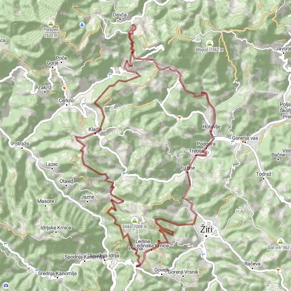 Map miniature of "Valleys and Hills" cycling inspiration in Zahodna Slovenija, Slovenia. Generated by Tarmacs.app cycling route planner