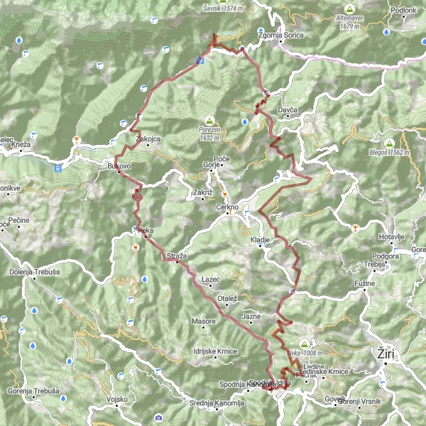 Map miniature of "Idrija Countryside Loop" cycling inspiration in Zahodna Slovenija, Slovenia. Generated by Tarmacs.app cycling route planner