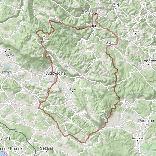 Map miniature of "Idrija Gravel Challenge" cycling inspiration in Zahodna Slovenija, Slovenia. Generated by Tarmacs.app cycling route planner
