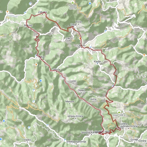 Map miniature of "Idrija Gravel Adventure" cycling inspiration in Zahodna Slovenija, Slovenia. Generated by Tarmacs.app cycling route planner