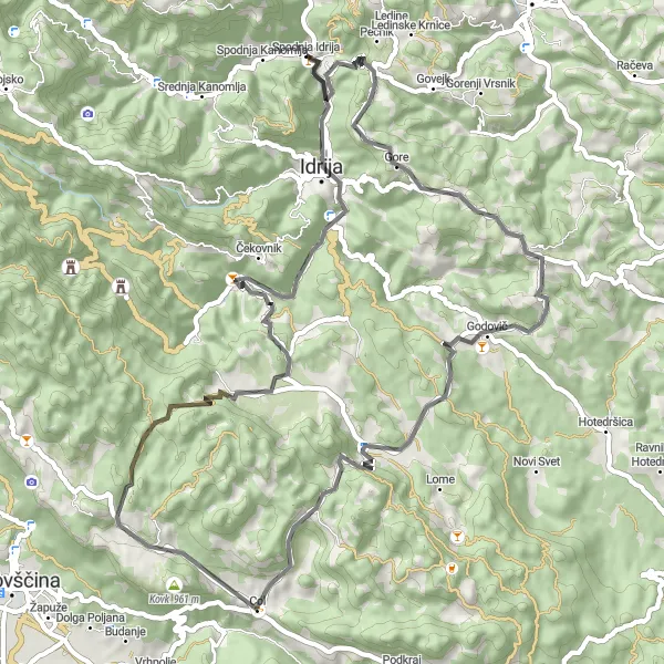 Map miniature of "Idrija's Natural Delights" cycling inspiration in Zahodna Slovenija, Slovenia. Generated by Tarmacs.app cycling route planner