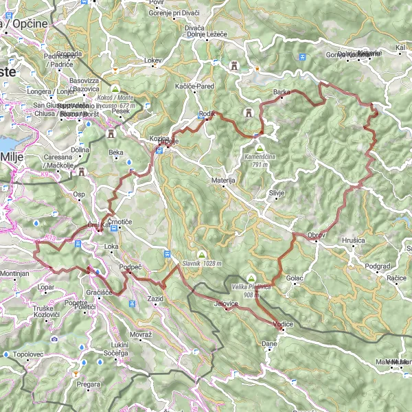 Map miniature of "Hrpelje Gravel Adventure" cycling inspiration in Zahodna Slovenija, Slovenia. Generated by Tarmacs.app cycling route planner