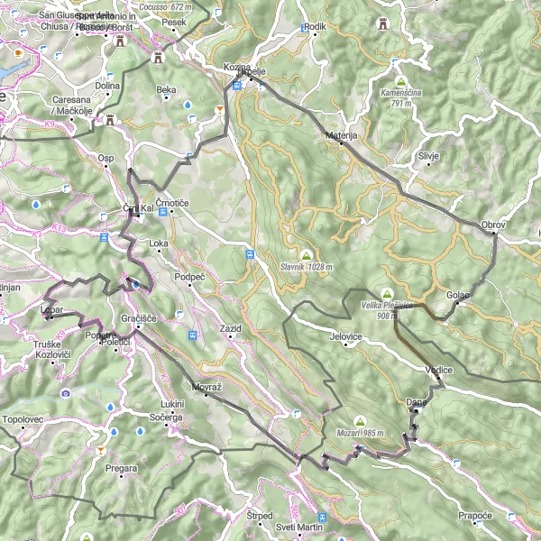 Map miniature of "Mountains and Valleys" cycling inspiration in Zahodna Slovenija, Slovenia. Generated by Tarmacs.app cycling route planner