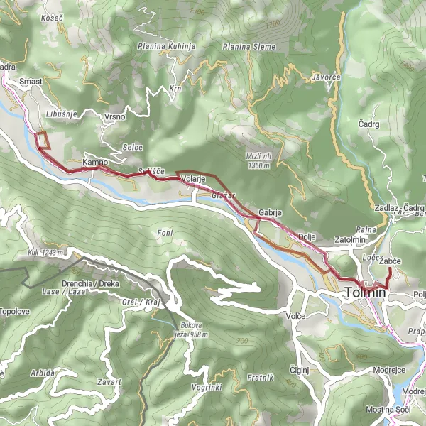 Map miniature of "Kozlov rob Gravel Loop" cycling inspiration in Zahodna Slovenija, Slovenia. Generated by Tarmacs.app cycling route planner