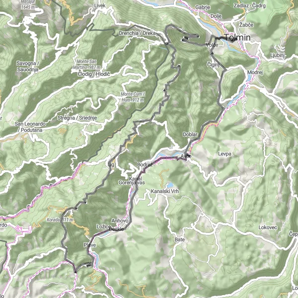 Map miniature of "Tolmin - Mengore - Kobilja glava - Kukeč - Kambreško - Senica - Tolmin" cycling inspiration in Zahodna Slovenija, Slovenia. Generated by Tarmacs.app cycling route planner