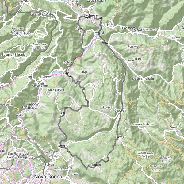 Map miniature of "Tolmin - Modrej - Griva - Nemci - Kobilnik - Dušca - Mengore - Tolmin" cycling inspiration in Zahodna Slovenija, Slovenia. Generated by Tarmacs.app cycling route planner