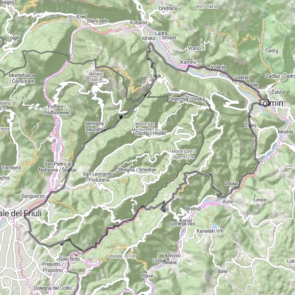 Miniatura della mappa di ispirazione al ciclismo "Giro in bicicletta attraverso Tolmin" nella regione di Zahodna Slovenija, Slovenia. Generata da Tarmacs.app, pianificatore di rotte ciclistiche