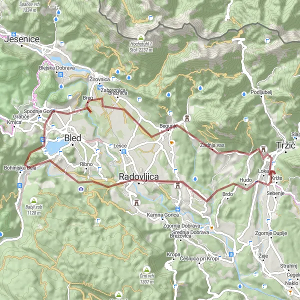 Map miniature of "Tržič Gravel Loop" cycling inspiration in Zahodna Slovenija, Slovenia. Generated by Tarmacs.app cycling route planner