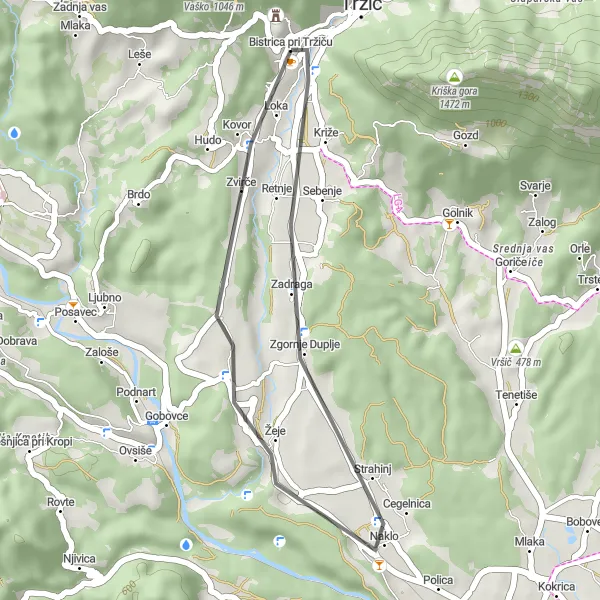 Miniatura della mappa di ispirazione al ciclismo "Giro in bicicletta di 22 km attraverso Spodnje Duplje e Loka" nella regione di Zahodna Slovenija, Slovenia. Generata da Tarmacs.app, pianificatore di rotte ciclistiche