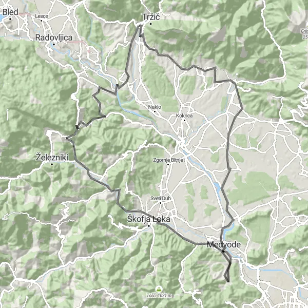 Miniatura della mappa di ispirazione al ciclismo "Escursione in bicicletta da Tržič al borgo di Bistrica pri Tržiču" nella regione di Zahodna Slovenija, Slovenia. Generata da Tarmacs.app, pianificatore di rotte ciclistiche