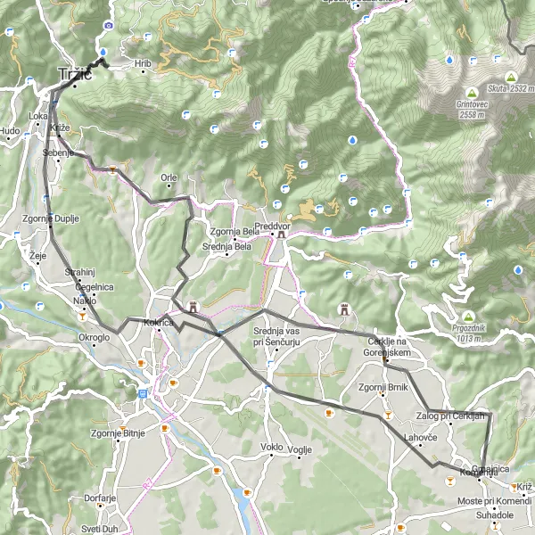 Miniatura della mappa di ispirazione al ciclismo "Tour panoramico attraverso Golnik e Cerklje na Gorenjskem" nella regione di Zahodna Slovenija, Slovenia. Generata da Tarmacs.app, pianificatore di rotte ciclistiche