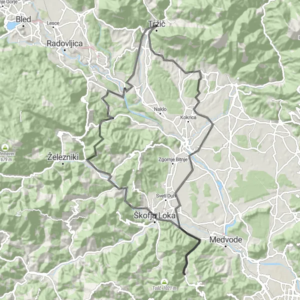 Miniatura della mappa di ispirazione al ciclismo "Giro in bicicletta da Tržič al paese di Bistrica pri Tržiču" nella regione di Zahodna Slovenija, Slovenia. Generata da Tarmacs.app, pianificatore di rotte ciclistiche