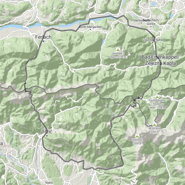 Miniatura della mappa di ispirazione al ciclismo "Sfida in bicicletta tra Podljubelj e Mala Mizica" nella regione di Zahodna Slovenija, Slovenia. Generata da Tarmacs.app, pianificatore di rotte ciclistiche