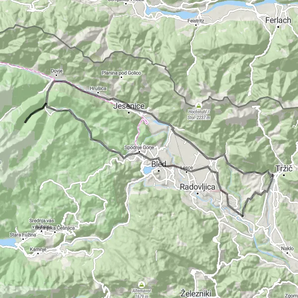 Map miniature of "Tržič - Sveti Peter Loop" cycling inspiration in Zahodna Slovenija, Slovenia. Generated by Tarmacs.app cycling route planner