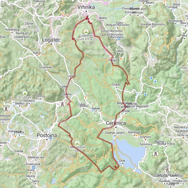 Zemljevid v pomanjšavi "Razburljiva makadamska pot Mirke - Konč hrib" kolesarske inspiracije v Zahodna Slovenija, Slovenia. Generirano z načrtovalcem kolesarskih poti Tarmacs.app