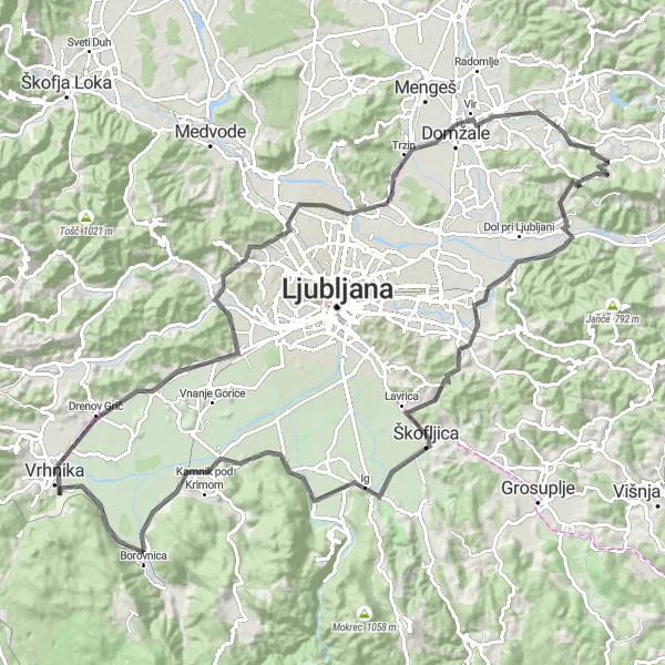 Map miniature of "Vrhnika Adventure - Exploring the Beauty of the Suburbs" cycling inspiration in Zahodna Slovenija, Slovenia. Generated by Tarmacs.app cycling route planner