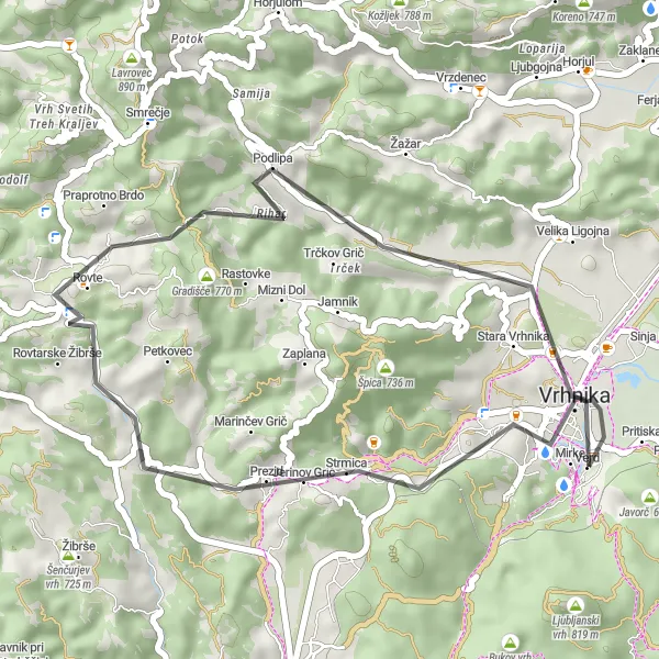 Karten-Miniaturansicht der Radinspiration "Mirke nach Vrhnika Radweg" in Zahodna Slovenija, Slovenia. Erstellt vom Tarmacs.app-Routenplaner für Radtouren