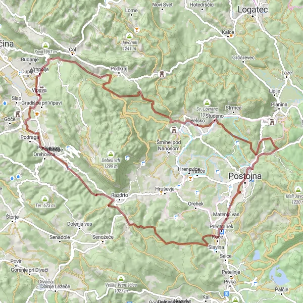 Zemljevid v pomanjšavi "Vipava - Baba Gravel Trail" kolesarske inspiracije v Zahodna Slovenija, Slovenia. Generirano z načrtovalcem kolesarskih poti Tarmacs.app