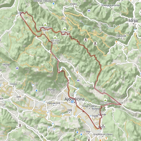 Map miniature of "Vipava Valleys Gravel Adventure" cycling inspiration in Zahodna Slovenija, Slovenia. Generated by Tarmacs.app cycling route planner