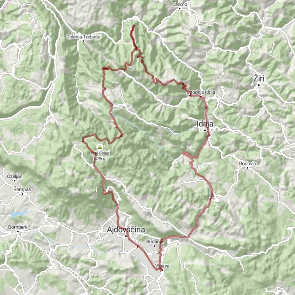 Zemljevid v pomanjšavi "Gravel pot od Vipave do Malega Grebena" kolesarske inspiracije v Zahodna Slovenija, Slovenia. Generirano z načrtovalcem kolesarskih poti Tarmacs.app