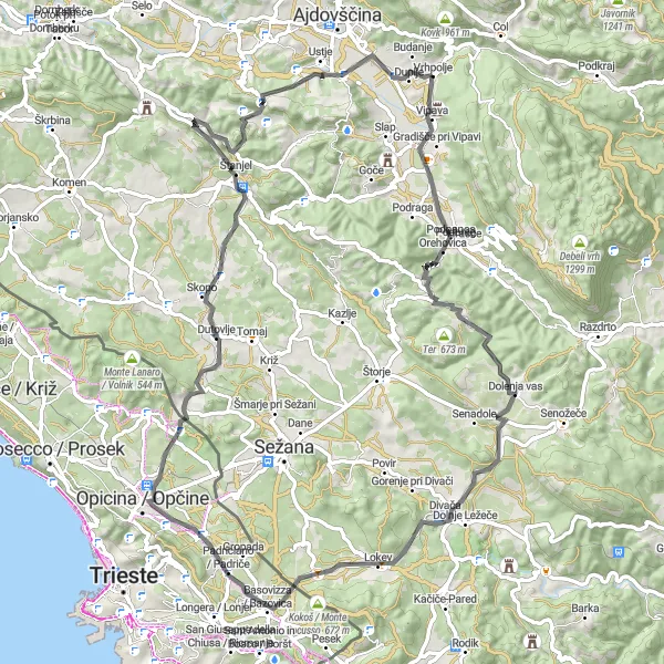 Map miniature of "Vipava Valley Road Cycling" cycling inspiration in Zahodna Slovenija, Slovenia. Generated by Tarmacs.app cycling route planner