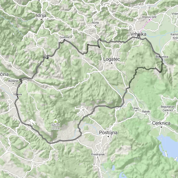 Zemljevid v pomanjšavi "Epic Mountain Loop to Podnanos" kolesarske inspiracije v Zahodna Slovenija, Slovenia. Generirano z načrtovalcem kolesarskih poti Tarmacs.app